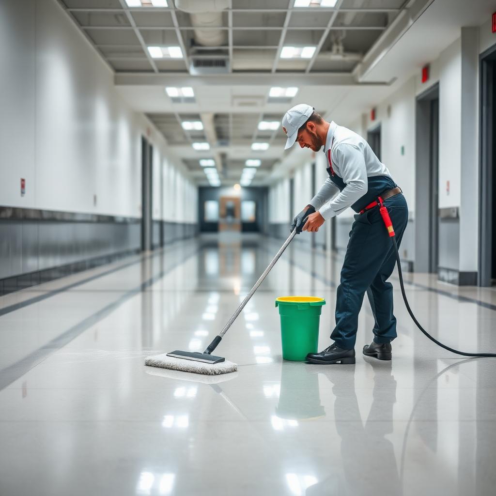 Worker cleaning a glossy commercial floor